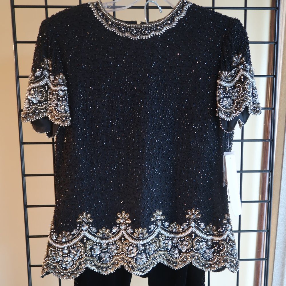 Adrianna Papell Sequin Dress Pant Set (Top: Sz. M/Bottom: Sz. 10) Color: Black